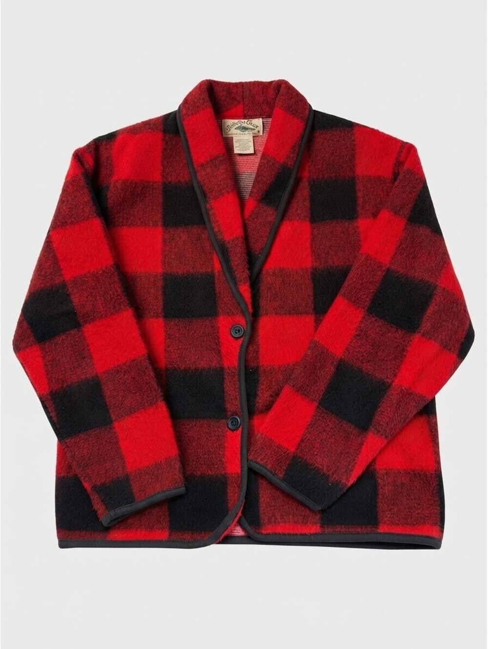 Vtg DWSF Red Black Buffalo Plaid Shawl Collar Fleece Jacket Size Small Made USA